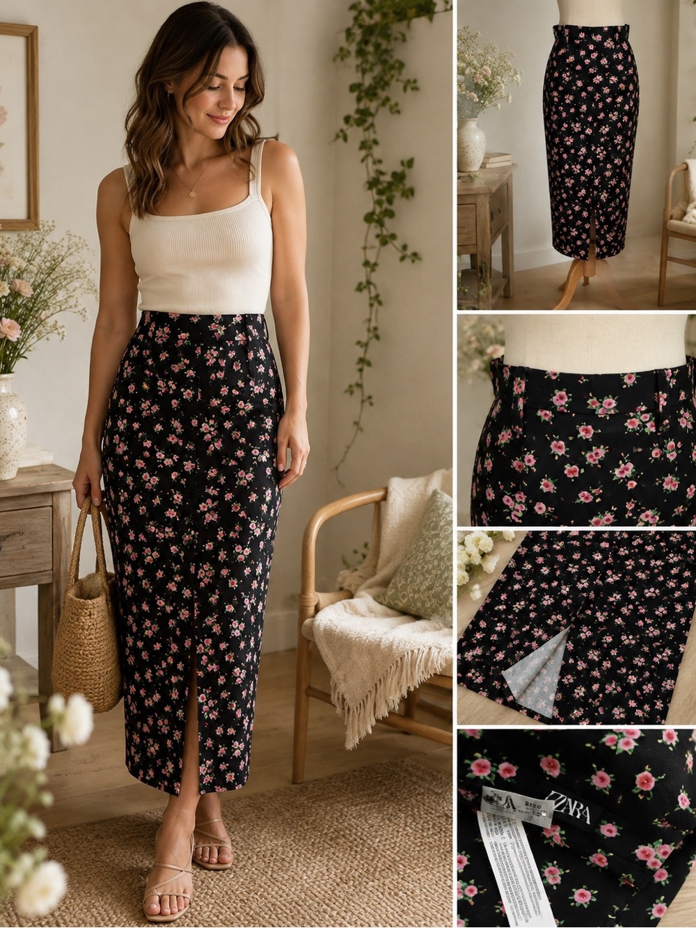 Zara Black Midi Skirt with Pink Floral Print